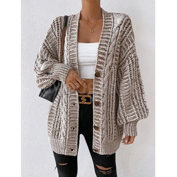 Oversized Mocha Brown Cable Knit Cardigan Long Sleeves Hip Length Buttoned - Picture 7 of 12